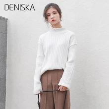 

DENISKA 2018 New White Turtleneck Sweater Female Half Small Fresh Winter Jacket Slim Tight Long Sleeved All-match Knitte