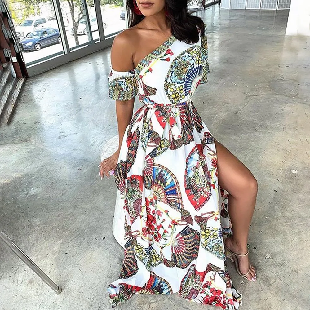 

Summer African Elegant Long Dresses Floral Print Lace Up Print Split Dress Sexy Club Sexy Beach Dress