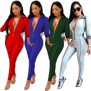 

Winter zip up v neck bandage jumpsuits Striped side long sleeve skinny sportsuit Sexy night club rompers womens jumpsuit