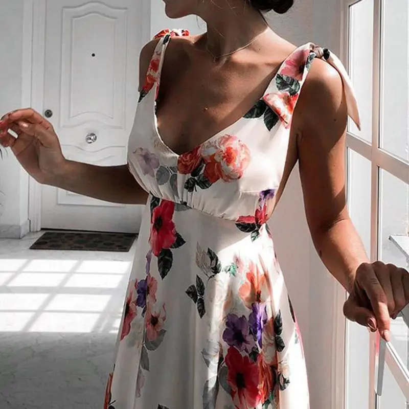 Женское летнее богемное сексуальное Пляжное Платье макси с открытой спиной, элегантное платье, сарафан с цветочным принтом, праздничное большое свободное ТРАПЕЦИЕВИДНОЕ белое длинное платье