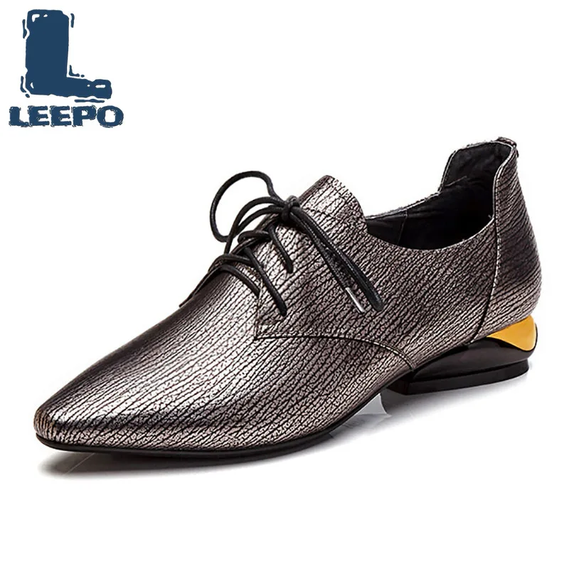 

LEEPO Fanshion Pumps Shoes Women Genuine Leather Retro Brogues Ladies Low Heels Pointed Toe Lace-Up Oxfords Dress Shoes Woman