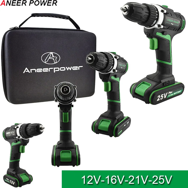 Günstige 25V 21V 16V 12V Doppel Geschwindigkeit Bohrmaschine Cordless Hand Bohrer Mini Elektrische Schraubendreher Rechargable Lithium batterie Bohren