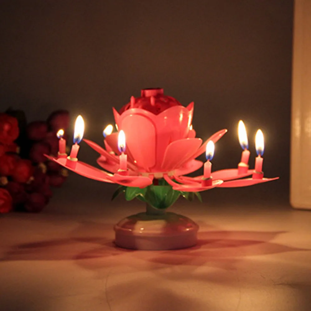 Creative 4 Colors Lotus Musical Candle Birthday Party Cake Topper Music Sparkle Rotating Candles