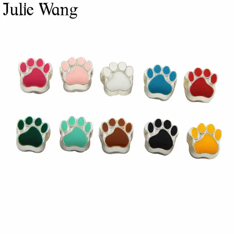 Julie Wang 40PCS Mix 10 Colors Enamel Pet Cat Dog Paw Footprint Beads For European Charms Bracelet Jewelry Making Accessory