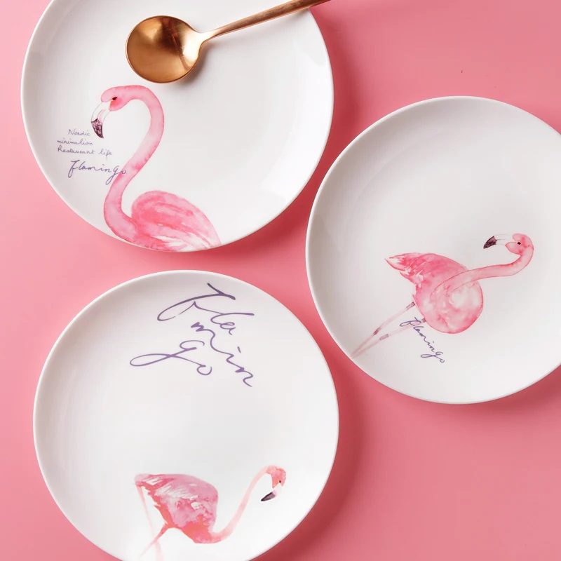 

Pink Flamingo Porcelain Ceramic Dinner Plates White Porcelain Tray Dishes for Restaurant Serving Plate Dessert Food Plate