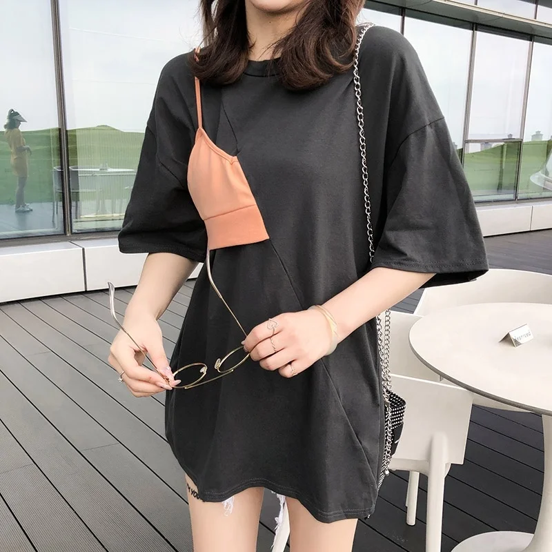 

T-shirt Female Korean Casual Loose Stitching Fake Two-piece T Shirt Tops Women's T-shirts Blusas Femininas Summer