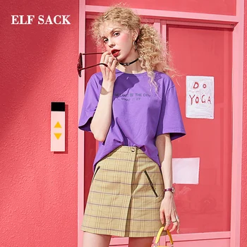 

ELFSACK New Stylish Woman Sets Catton Casual Woman Two Piece Suit O-Neck Letter Print T-shirt And Above Knee Min Women Skirts