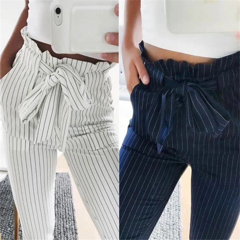 

Fashion Summer Women Harem Pants Striped OL High Waist Elastic Bow Tie Drawstring Pockets Ladies Casual Trousers IK88