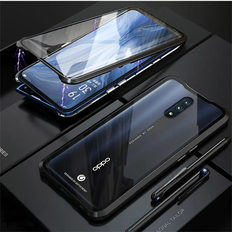 Luxury Magnetic Metal Bumper Case For OPPO Reno Cover 360 Transparent Double-Sided Glass Full Body Case For OPPO Reno Case Armor - Цвет: Black
