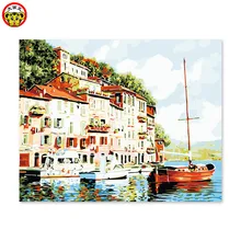 Цифровая картина Риверсайд городской пейзаж украшение здания картина его собственный голубой цвет неба