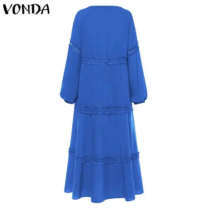 Bohemian Maxi Maternity Dress VONDA Autumn Sexy Casual Pregnancy Vestidos Lantern Sleeve V Neck Hollow Out Party Dresses