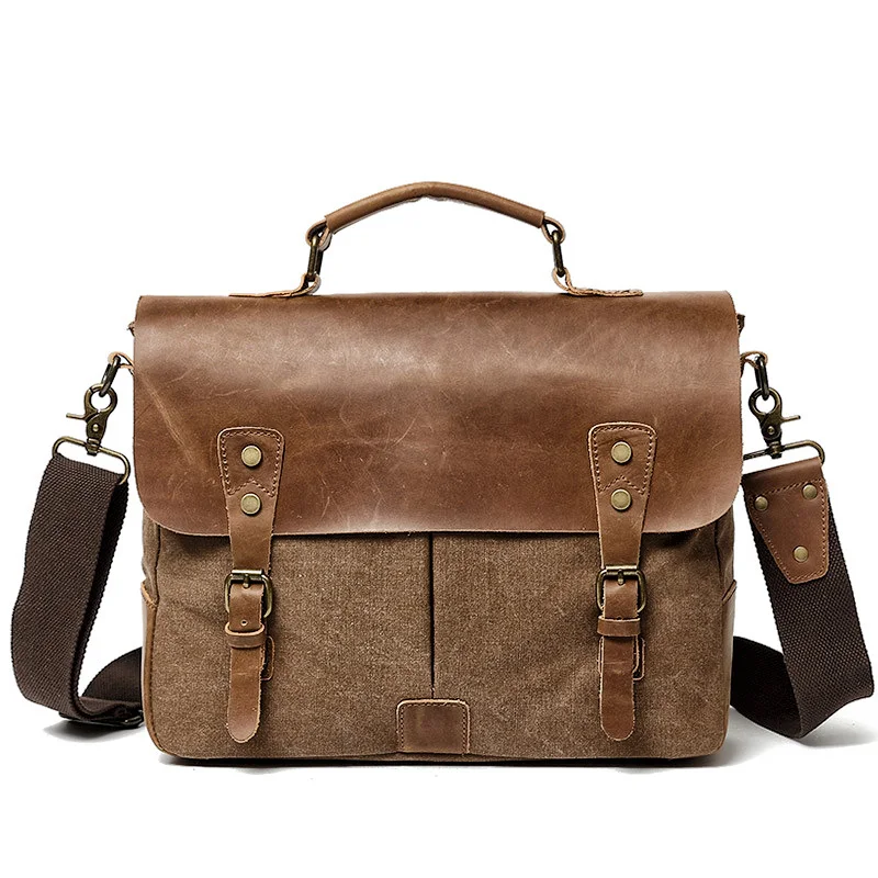 

MUCHUAN Men's Messenger Bags Canvas Shoulder Bag Handbag Crazy Horse Leather Briefcase Retro Office Bag Handmade Bags Male