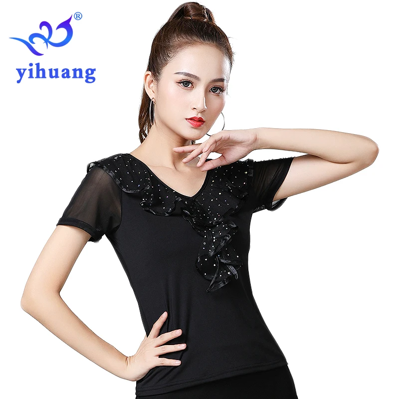 Women Tango Ballroom Tops Waltz Standard Modern Dancing Blouses Performance Wear Top for Foxtrot Quickstep Dance Short Sleeves