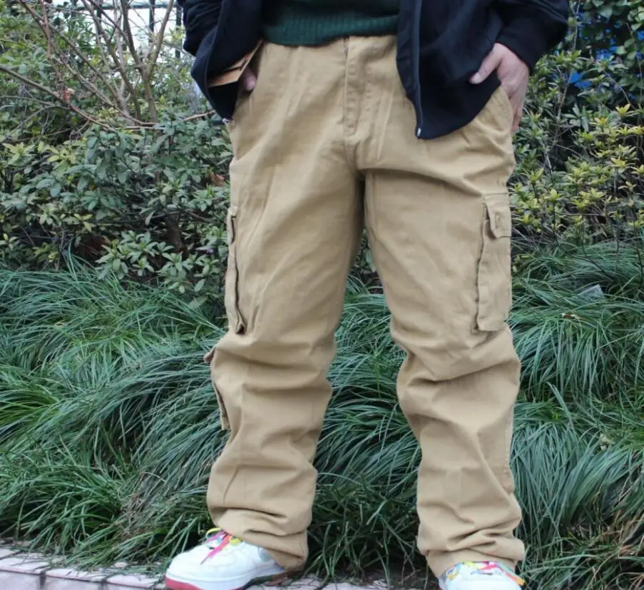  New Casual Big Pockets Cargo Pants Men Cotton Joggers Loose Baggy Hip Hop Pants black khaki and Arm