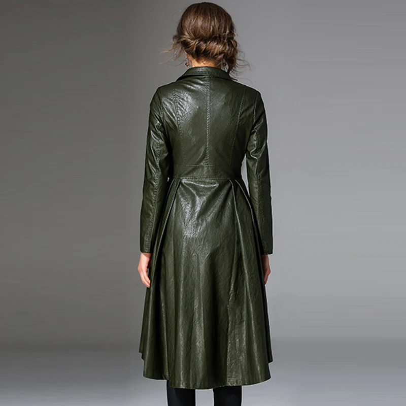 Women Full Sleeve Trench Coat Winter Black PU Leather Trench Coat Waistband Europe Style PU OverCoat Large Swing Trench Coats