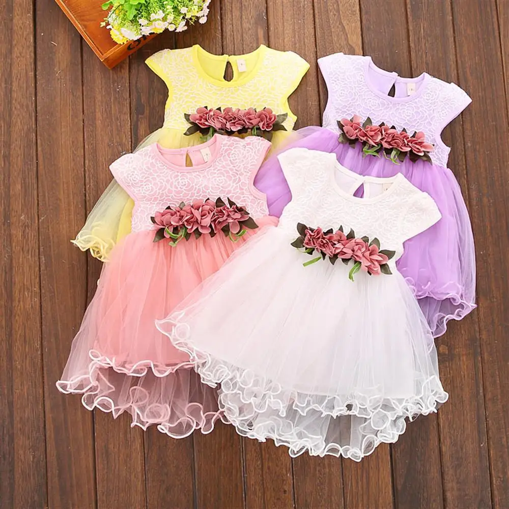 Цветок Платье для первого дня рождения летние детские Детские наряды принцессы Сетчатое платье трапециевидной формы Одежда для новорожденных Детские праздничные костюмы для девочек
