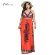 Echoine Backless Dress Women Halter Lace Up Sleeveless Sexy Low Cut Printed Loose Plus Size Maxi Vintage Vestido Beach Outfits low cut lace halter backless teddy