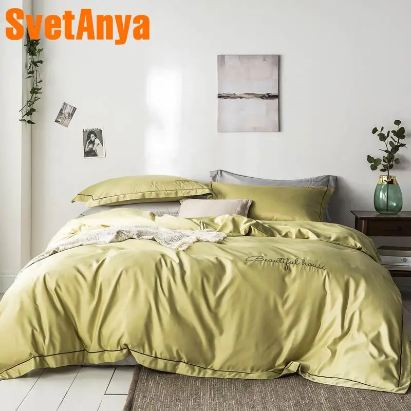 

Svetanya silky Bedding Set embroidery Bed Linens king queen double size