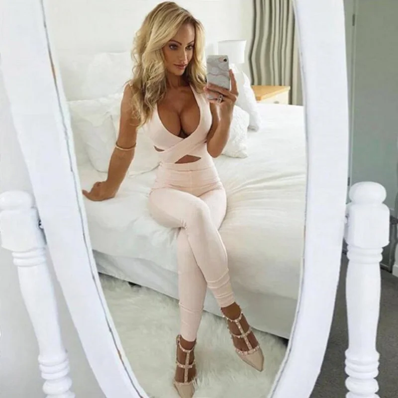 

2018 Newest Fashion Beige Bandage Jumpsuit Women Backless Sleeveless Cut Out Sexy Night Out Party Jumpsuits Playsuit Wholesales