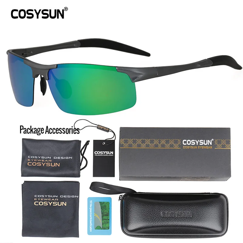 COSYSUN мужские поляризованные солнцезащитные очки из алюминиевого сплава, мужские солнцезащитные очки с зеркальными линзами, поляризованные солнцезащитные очки для вождения, мужские солнцезащитные очки, 6 цветов - Цвет линз: BlackGreen LuxuryPKG