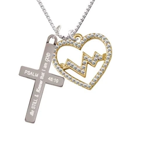Gold Tone Large Crystal Heart - Heartbeat - Be Still and Know - Cross Necklace (1)