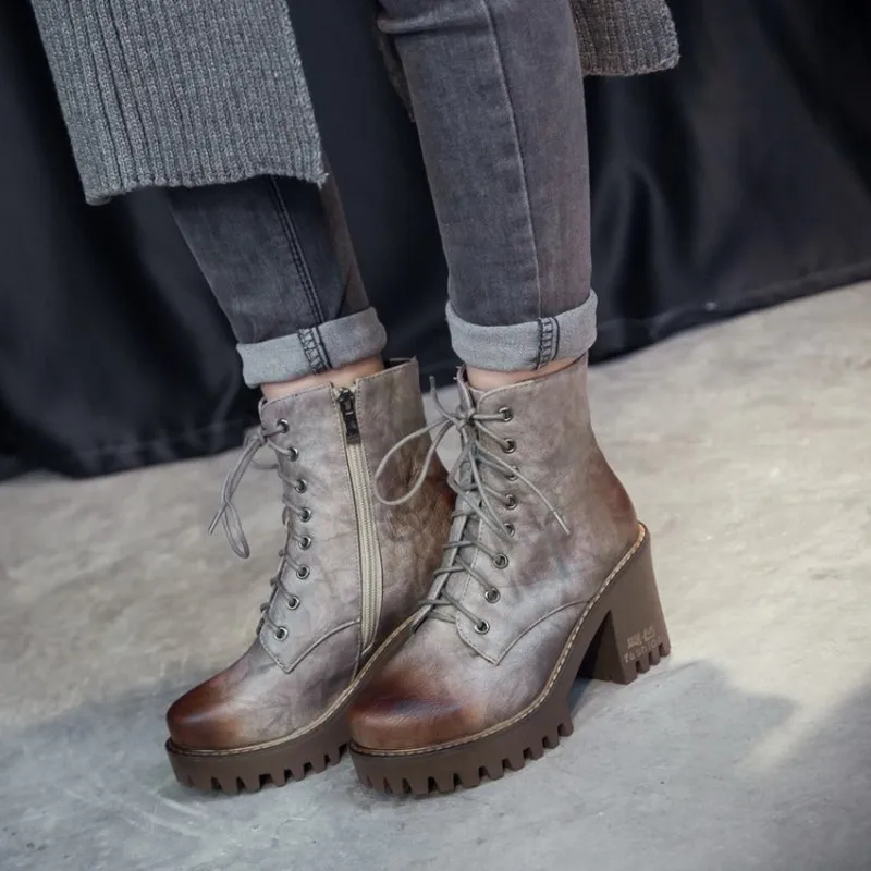 

US4-11 Womens Round Toe Platform Ankle Boots Block Chunky Heel Oxfords Lace Up Retro Punk Motorcycle Shoes Plus Size 4Colors