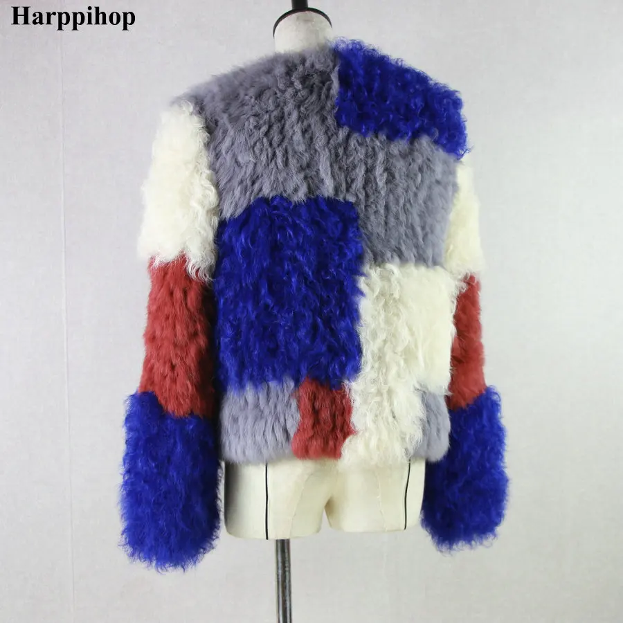 HARPPIHOP* Дизайн кроличий мех монгольская овца мех ягненка комбинированная вязанная зимняя куртка шуба верхняя одежда короткий стиль