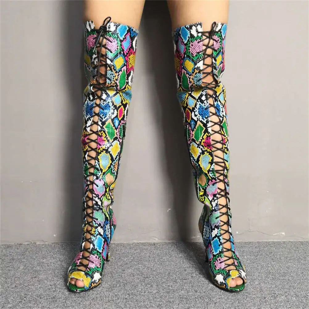 Luxury Women's Plus Size 35-47 Colorful Snake Print Women Shoes Woman Sexy Thin High Heels Summer Boots Over The Knee Boots