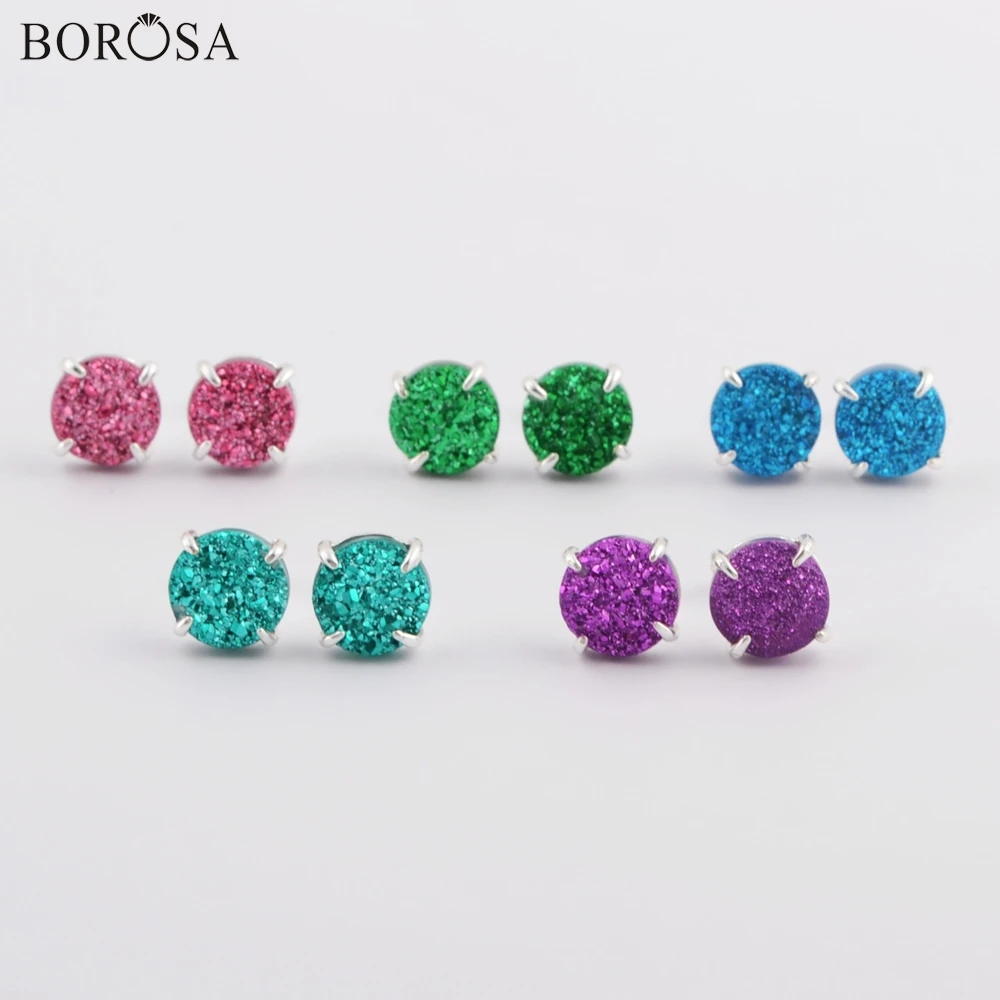 

BOROSA 5Pairs Silver Plated Claw Round 10mm Natural Agates Druzy Titanium Rainbow Drusy Stud Earring Women Jewelry ZS0412