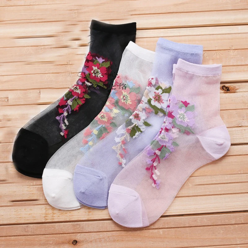 Женские Ретро розовые вышитые стеклянные шелковые весенне-летние Цветные Цветочные Кристальные носки женские милые элегантные прозрачные носки