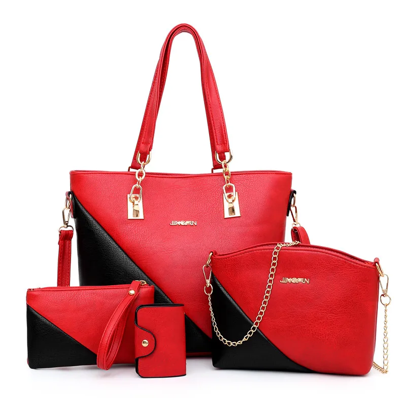 Высокое качество, большая вместительность, женские Сумки из искусственной кожи, сумки-тоут, модные женские сумки, 4 штуки в комплекте, сумка на плечо, роскошная сумка через плечо - Цвет: Красный