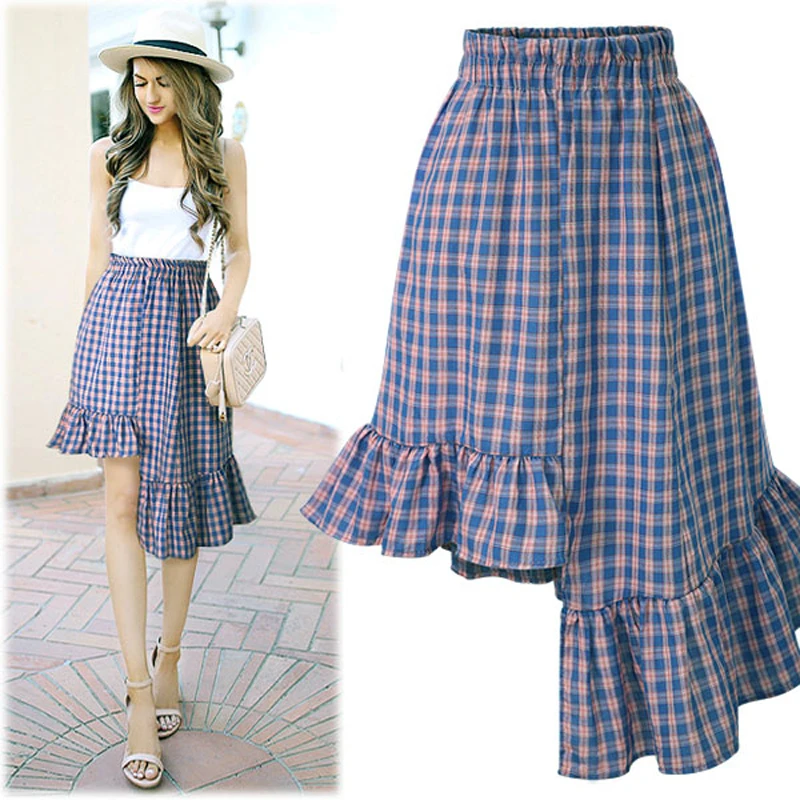 Ruffle Leaf Plaid Skirt Women Elastic Waist Summer Skirt Asymmetric