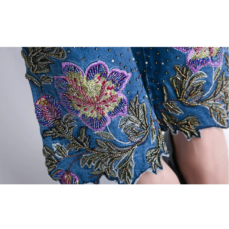 FERZIGE Women Jeans High Waist Stretch Floral Embroidered Flares Bell Bottoms Hand Beading Slim Fit Boot Cut Ankle-length Pants Jeans