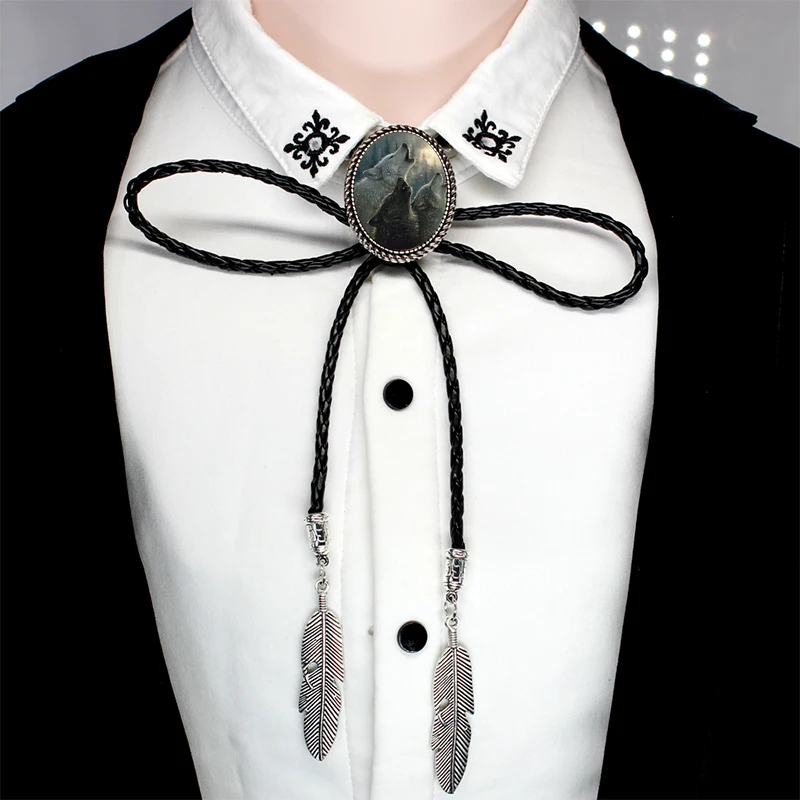 BOLO-0024 New Fairy Howling Wolf Art Oval Bolo Tie Vowboy Hand Craft Slide Western Tie Neck Glass Photo Tie Leather Necklaces - Окраска металла: 5-3