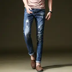 NIGRITY 2019 Весна Новый дизайн модель для мужчин Slim Fit эластичный свет винтажные синие джинсы модные брюки стрейч проблемных мужской мотобрюки
