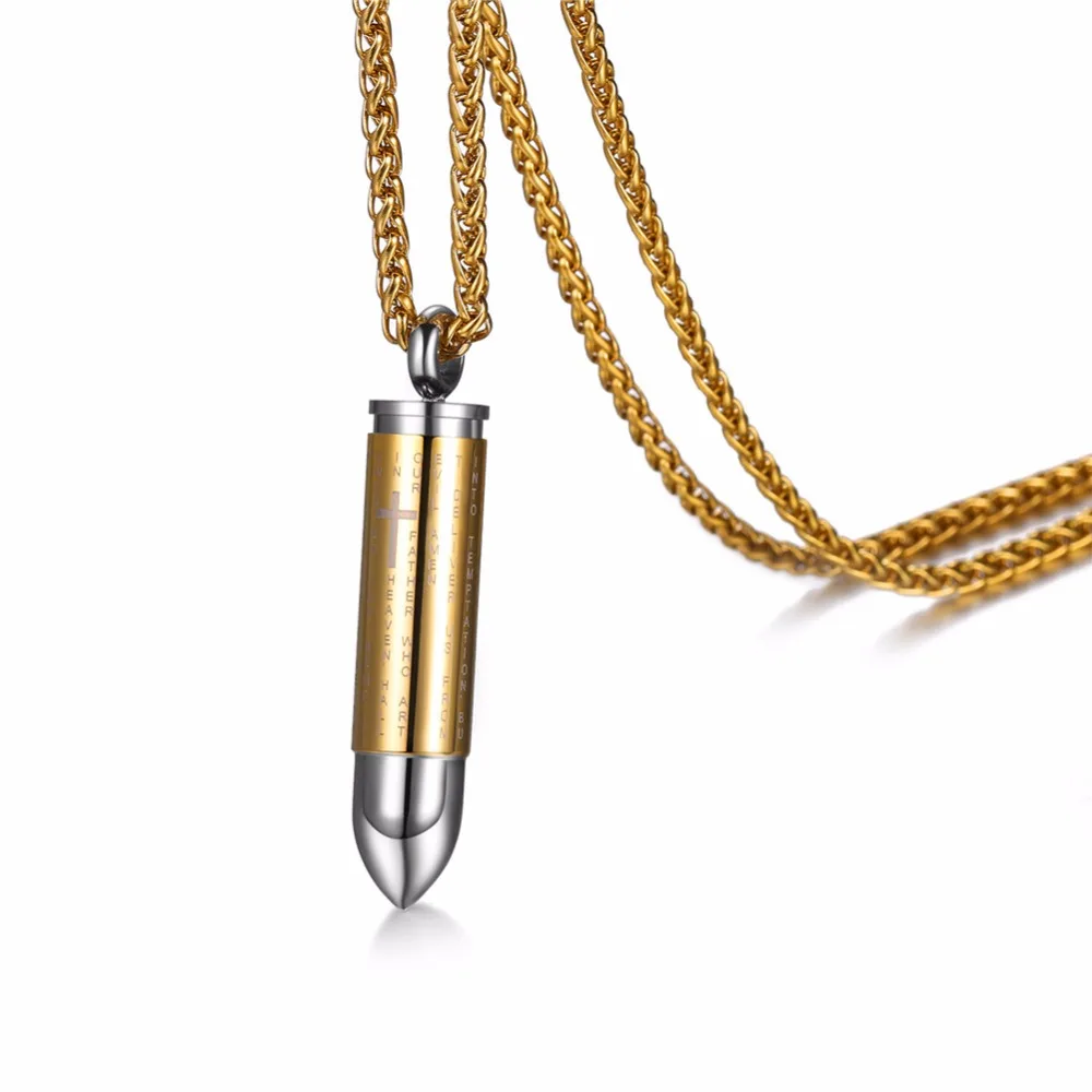 

bullet necklace pendant with chain stainless steel gold color black Bible cross paryer perfume storage mens jewelry P2104G
