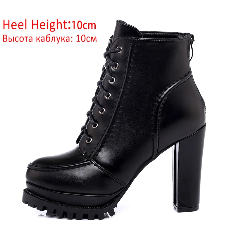 Ботинки на платформе; женские зимние ботильоны; женские ботинки; Осенняя повседневная обувь на плоской подошве с круглым носком на шнуровке; женская обувь; большие размеры - Цвет: Black Shoes 10cm