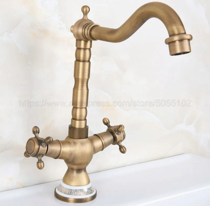 Antique Brass Bathroom Sink Faucet Basin Mixer Tap Double Cross Head Handle Hot and Cold Water Mixer Tap znf603