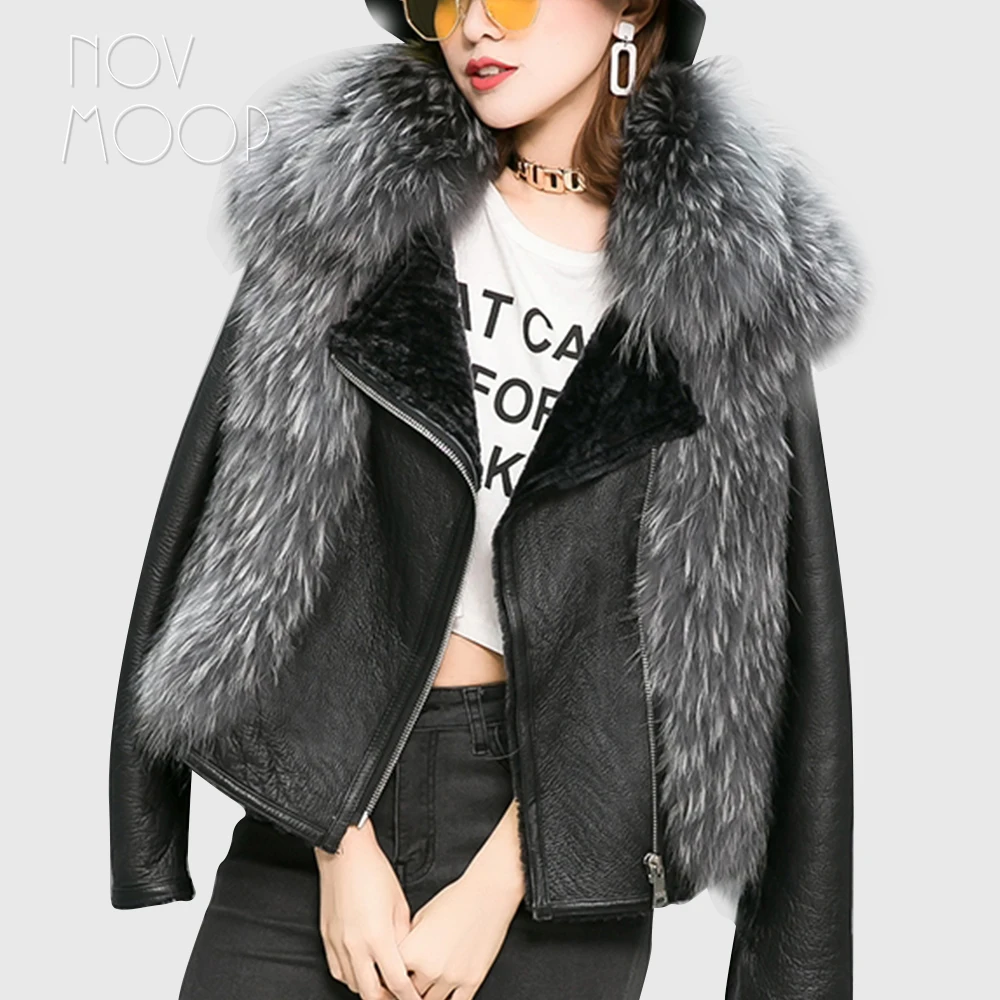 

Korean style winter women genuine leather real sheepskin shearling jackets coats big real fox fur collar outwear casaco LT2694