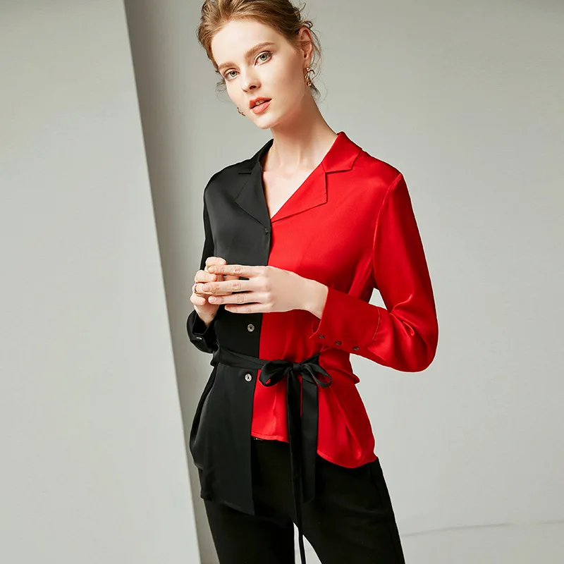 

2019 Spring Women High End Luxury Runway Irregular Patchwork Contract Color Real Silk Satin Shirt with Belt Tops Shirts R10056