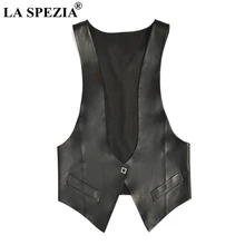 LA SPEZIA Genuine Leather Vest Womens Black Plain Waistcoat Female OL V Neck Solid Real Leather Ladies Fashion Spring Gilet 2019