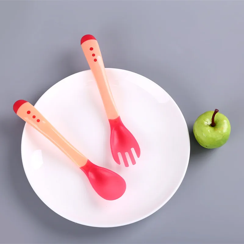 Soft head anti-scalding training spoon fork two sets of newborn temperature sensitive color spoon baby food supplement spoon bab