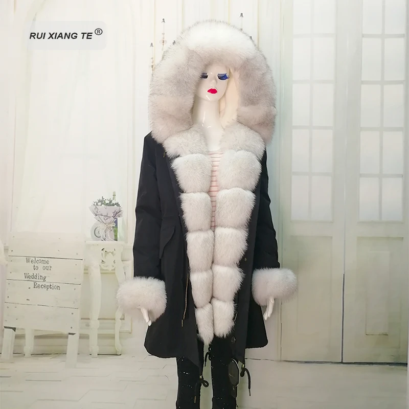 

New brand Women real fur coat natural fox fur parka with large fox collar lining natural rex rabbit long winter coat for women