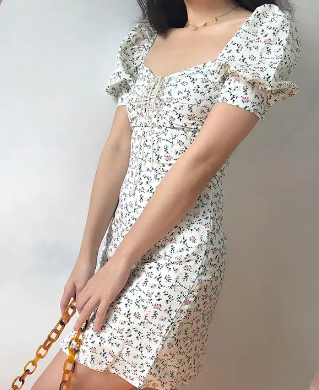Летнее платье с квадратным воротником, женское мини-платье с коротким рукавом и цветочным рисунком, сексуальное облегающее платье-футляр, женское платье