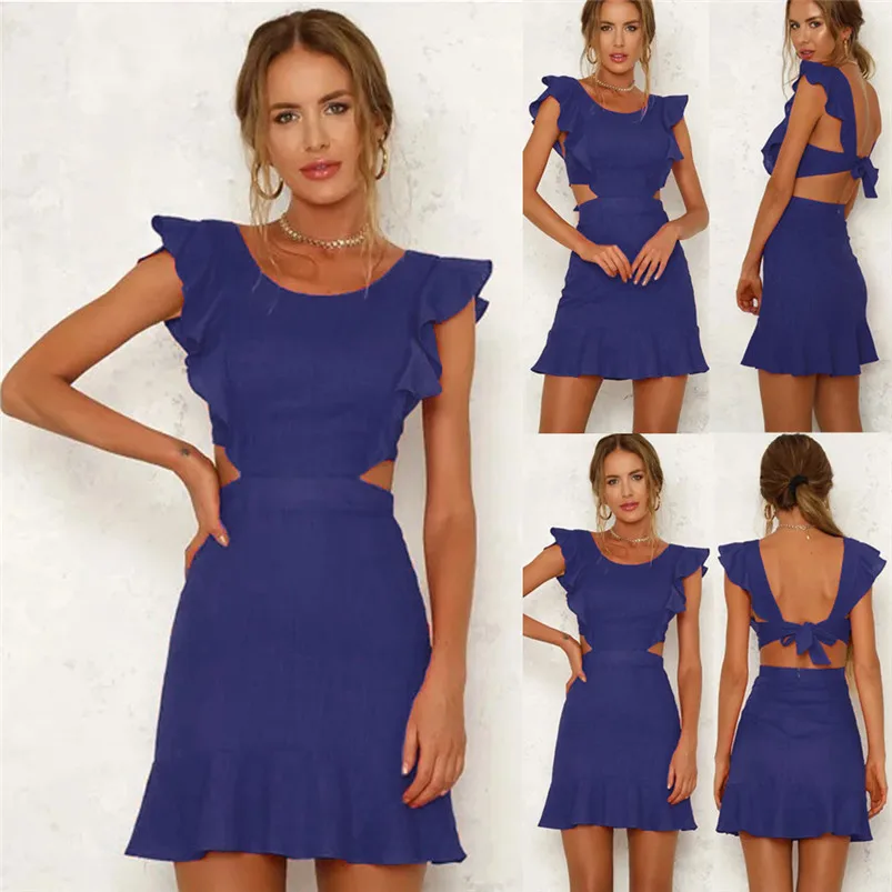 2018 HOT sell Dress summer beach dress Women Solid Short Sleeve Ruffles Backless Hollow Out Beach Boho Mini Dress vestido J08#N (26)