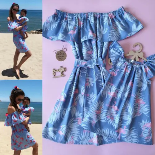 

2019 Family Match Beach Dress Mother Daughter Flamingo Dress Family Matching Outfits Fashion Mommy Me Summer Dress