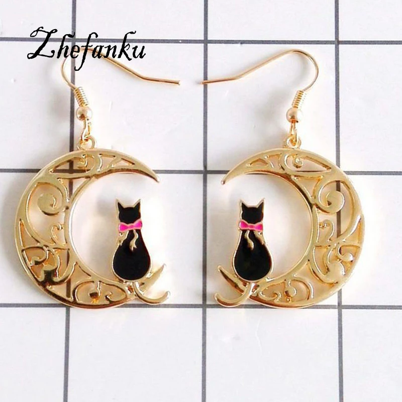 

Grace Dangle Earrings Fashion Metal Cute Cat On The Moon Dangle Drop Earrings TWO COLORS Quality Control