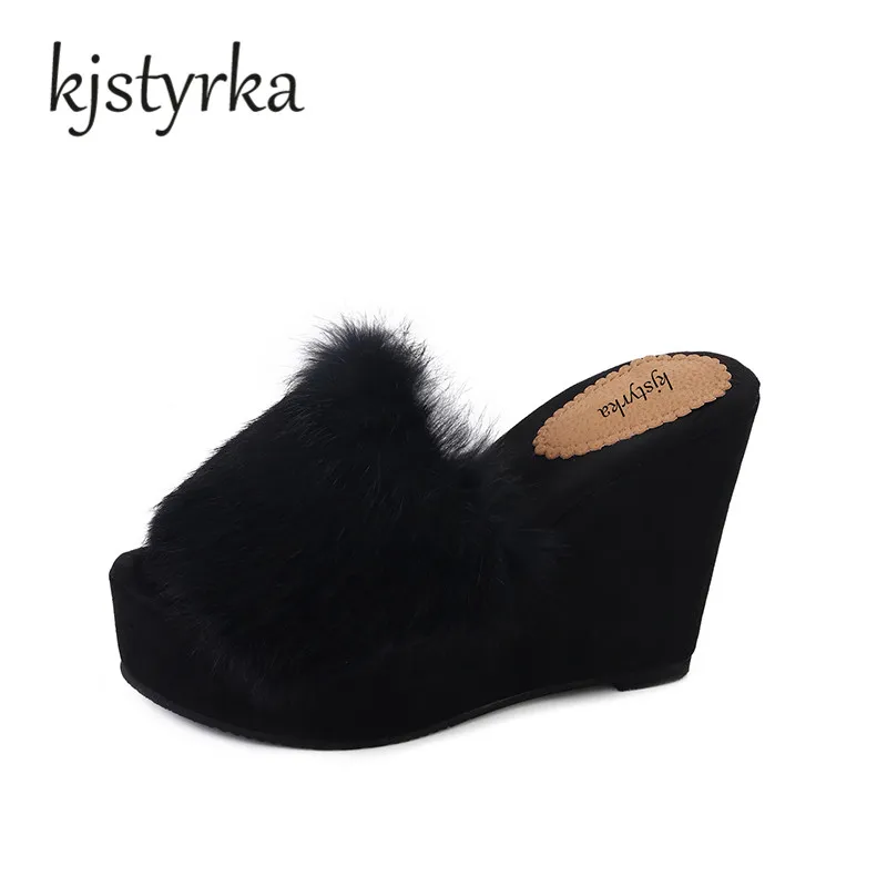 Kjstyrka Sweety Pointed Toe Fur Slippers Women Flats Shoes