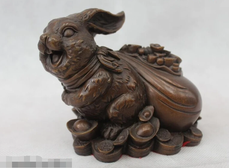 

free 4"Chinese Folk Fengshui Bronze Zodiac Year Money drawing rabbit Statue fast