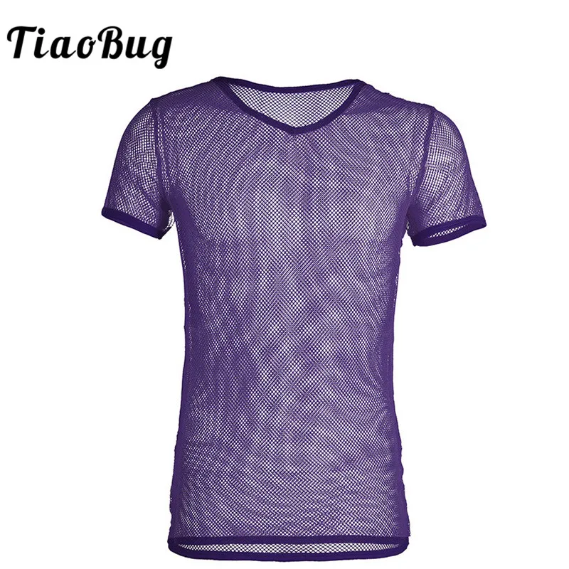 TiaoBug Men Openwork Transparent Mesh Fishnet T Shirts Sport Breathable